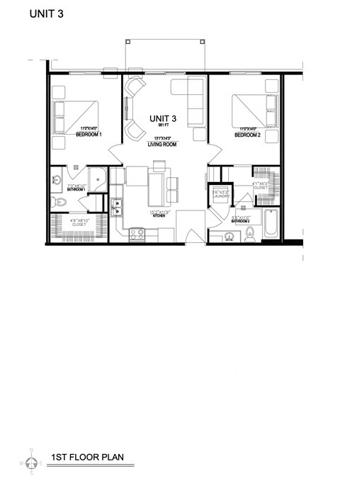 Floor plan for 2 beds, 2 baths, 981 sqft